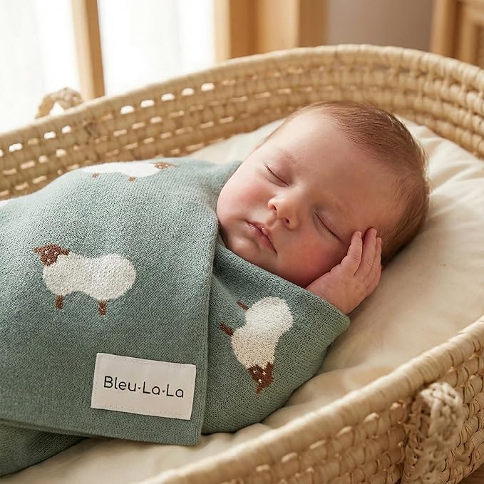 Knit Baby Swaddle Blanket - 100% Cotton Soft Cozy Receiving Swaddle Stroller Blanket for Shower Gift Registry for Newborns, Infants, Toddlers (Sheep - Pasture Green)