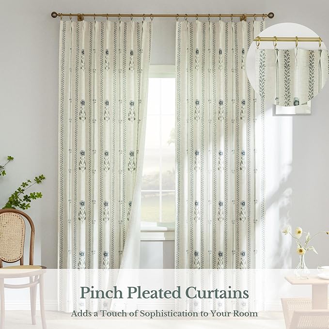 Pinch Pleated Curtains for Living Room Bedroom Dining Room - 120 Inches Light Filtering Floral Curtains Luxury Linen Drapes Farmhouse Window Curtains with Hooks and Rings - 2 Panels Set