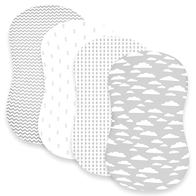 BaeBae Goods Premium Bassinet Fitted Sheet Set - 4 Pack 100% Jersey Knit - Grey and White - Chevron Pattern - Standard Size Oval or Halo Bassinet Pads