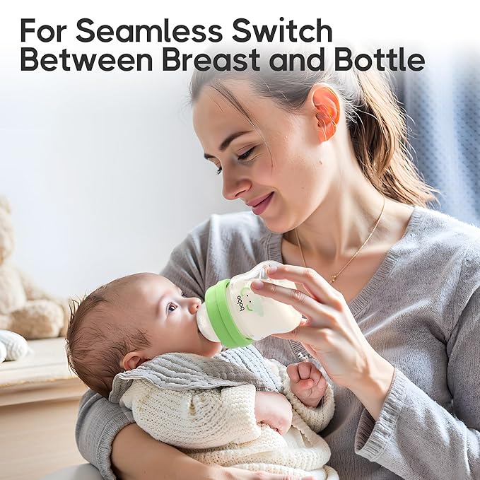 YOHKOH Glass Baby Bottles with Slow Flow Nipple, Newborn Anti-Colic Baby Bottles for 0+ Months, Wide Neck Feeding Bottle, Clear (Green, 2.7oz (Pack of 4))