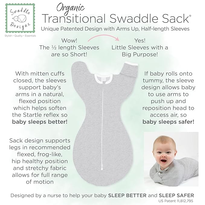 SwaddleDesigns Organic Transitional Swaddle Sack, Arms Up Swaddle with Half-Length Sleeves & Mitten Cuffs, Small, 0-3 Months, 6-14 lbs, Sand Dollar