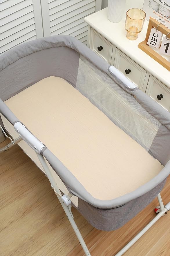 Onacosht Muslin Bassinet Sheets 3 Pack, 100% Cotton Baby Sheet 35" X 20" Compatiable with AMKE 3 in 1 Bassinets, MiClassic, Uiuwoo, Foalom, YADAQE, Milliard and TCBunny Bassinet, Checker and Sun Moon