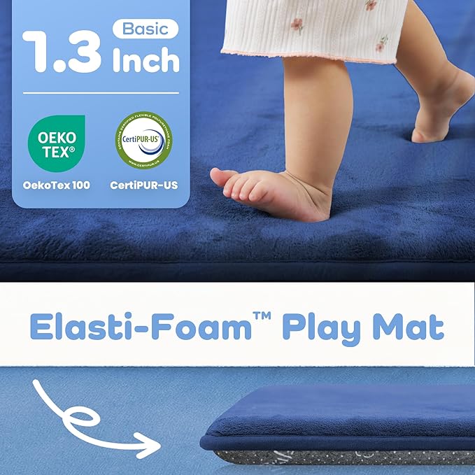 1.3" Thick Baby Floor Play Mat 39x59, Basic Padded Foam Mat for Tummy Time Crawling, Non Slip Cushioned for Babies Toddlers Infants Kids (Blue)