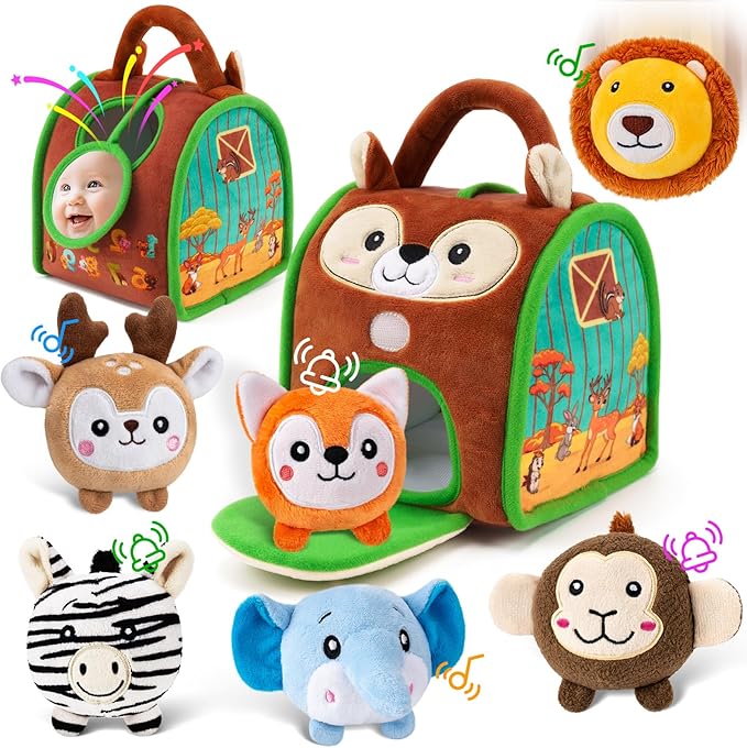Montessori Sensory Toys for Babies 6-12 Months & Toddlers 1-3 Year Old - Educational Stuffed Animal Set with Rattle, Crinkle & Safe Mirror for Baby Kids & Boy Girl Birthday Gifts