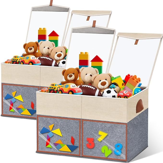 2 Pack Large Toy Storage Box with Clear Lids Collapsible Toy Organizer Chest with Adjustable Dividers Kids Storage Bin Basket for Boys Girls Living Room Nursery Playroom Closet Beige and Grey