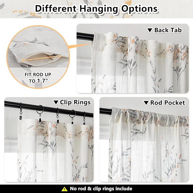 MYSKY HOME Living Room Curtains 95 Inch Length Semi Sheer Curtain Linen Look Floral Farmhouse Light Filtering French Country Window Curtain Panels for Dining Room, Yellow, 2 Pcs