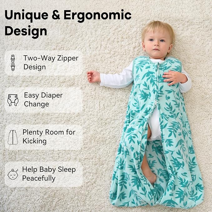 Unnivoll Fleece Baby Sleep Sack 18-24 Months 1.0 Tog Baby Wearable Blanket Microfleece Sleeping Sack with 2-Way Zipper for Toddler Infant Green & White Dinosaur