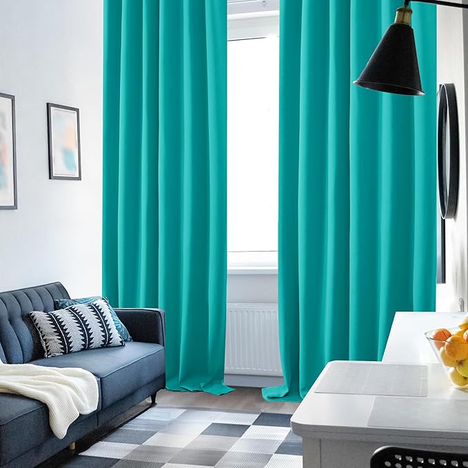 Deconovo Solid Back Tab and Rod Pocket Room Darkening Shades Insulated Thermal Window Coverings Blackout Curtains for Sliding Glass Door 52Wx95L Inch Turquoise Set of 2