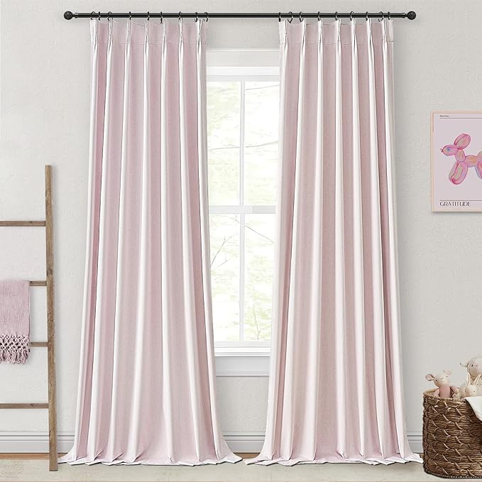 Baby Pink Linen Nursery Curtains 2 Panels Pinch Pleated 102 Inches Long, Thermal Blackout Curtains White Backing Princess Room Darkening Drapes Fabric Thick for Bedroom Windows Treatment(40"Wx102"L)