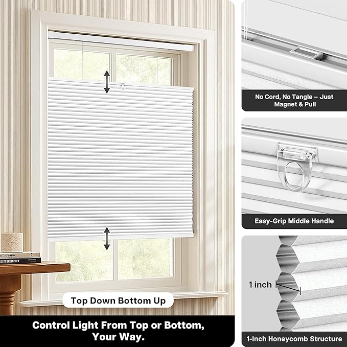 Lazblinds Upgraded Top Down Bottom Up (TDBU) Honeycomb Blinds, No Drill No Tools Easy Install Cordless Cellular Shades for Windows 20.5" W x 64" H, White - Blackout
