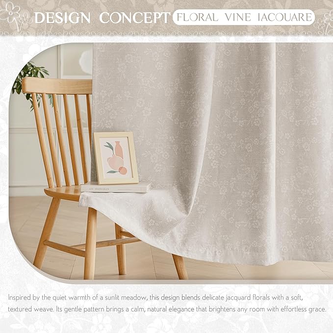 Beauoop Cream Floral Jacquard Blackout Curtains 63 Inches Long 2 Panels for Living Room Bedroom Chenille Flower Room Darkening Thermal Insulated Soundproof Grommet Window Drapes, 52x63 Set of 2