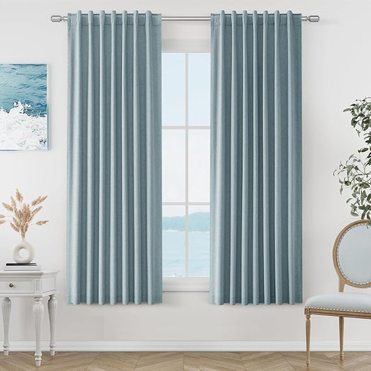 Guken Blue 100% Blackout Curtains 63 Inch Length 2 Panels Set for Living Room Bedroom Back Tab Thermal Insulated Black Out Linen Drapes Room Darkening Window Curtains 63 Inches Long Dusty Blue