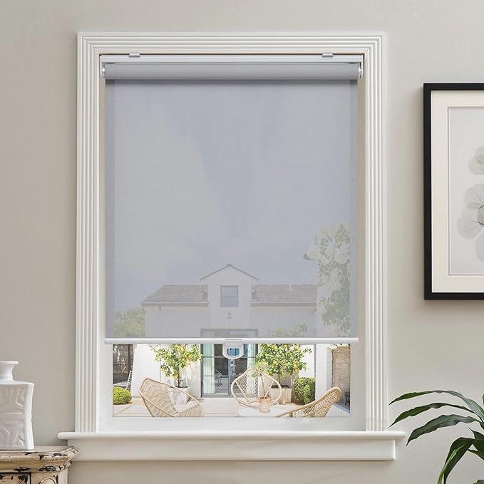 Cordless Roller Shades for Windows Light Filtering Shades with 5% Openness Solar Screen Semi Sheer Roller Blinds UV Protection for Office and Home. Easy to Install 72" W x 72" H (Grey)