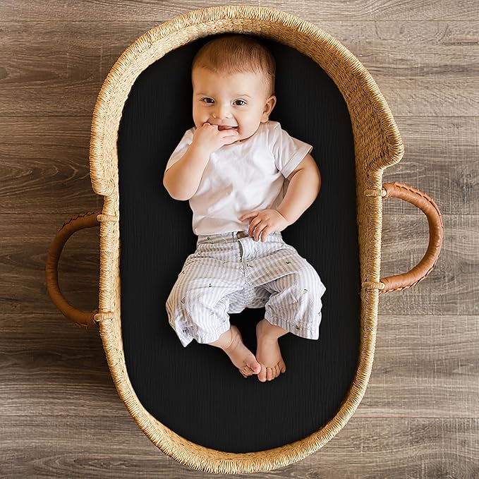 Pro Goleem Muslin Bassinet Sheet for Boys and Girls, Soft Breathable Fitted Cotton Baby Sheets Set for Oval Hourglass and Rectangular Bassinet Mattress, Neutral,1 Pack (Black)