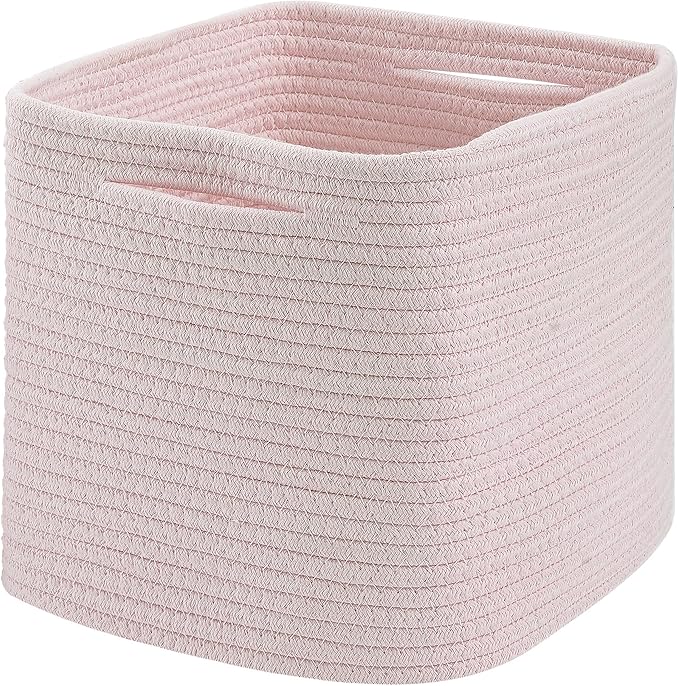 Cube Storage Bin 11" x 10.5" x 10.5" Cotton Rope Basket Square Woven Storage Basket for Shelves, Closet Organizer, Soft Towel Sock Basket, Pink, 1 Pack