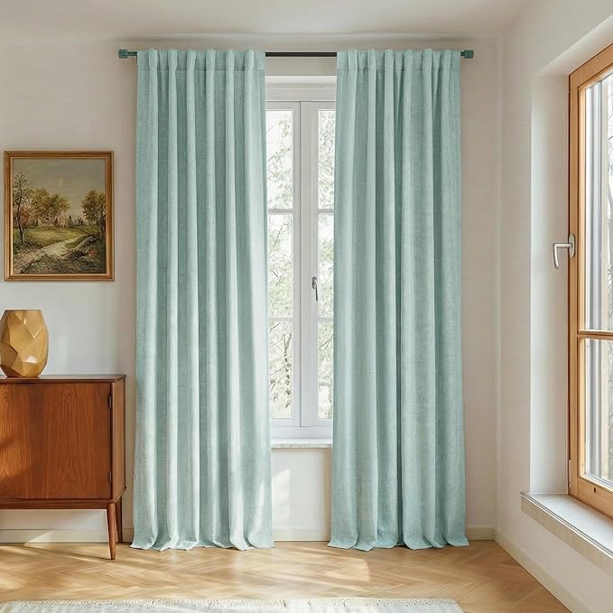 NICETOWN Seafoam Green Blackout Linen Curtains 95" Long, Rod Pocket Back Tab Full Light Blocking Drapes with White Thermal Insulated Liner for Nursery, Hall, Villa (2 Pieces, 52" Wide Each Panel)