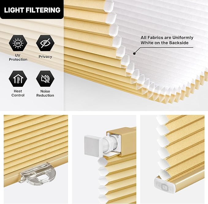 LazBlinds Cordless Cellular Shades, No Tools No Drill Light Filtering Honeycomb Shades Pleated Blinds for Windows, 47'' W x 64'' H, Yellowish-Brown