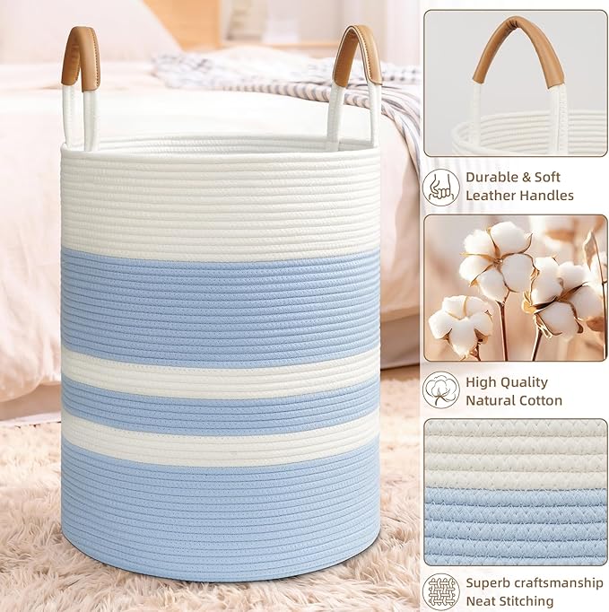 60L Striped Laundry Basket, Blue Laundry Hamper with Leather Handles, Woven Cotton Rope Storage Bin for Blankets, Nursery Hamper for Clothes, Toys In Bathroom, Livingroom, Bedroom
