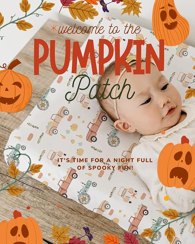 TotAha Crib Sheets for Boys, Premium Stretchy Farm Crib Sheet Fitted, Buttery Soft Truck Crib Mattress Sheets, Calming Effect, All-Season Jersey-Knit 28 X 52 X 9'' Extra Deep Pocket Halloween Pumpkin