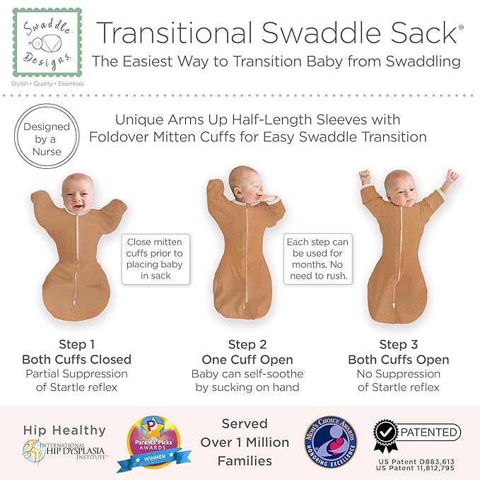 SwaddleDesigns Transitional Swaddle Sack, Arms Up Half-Length Sleeves & Mitten Cuffs, Swaddle for Newborn Transition to Baby Sleep Sack Wearable Blanket, Small, 0-3 Month, 6-14 lb, Heathered Butterum
