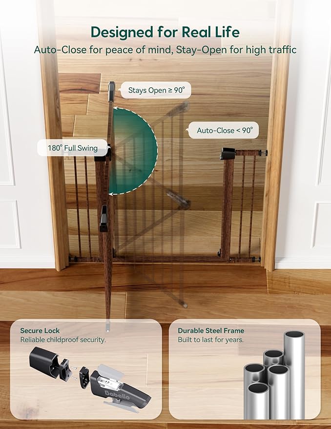 Babelio Baby Gate with Black Wood Pattern, 29-48 Inch Auto Close Dog Gate PressGuard P7 for The House, Stairs and Doorways, Pressure Mounted Pet Gate with Door and Y Spindle Rods