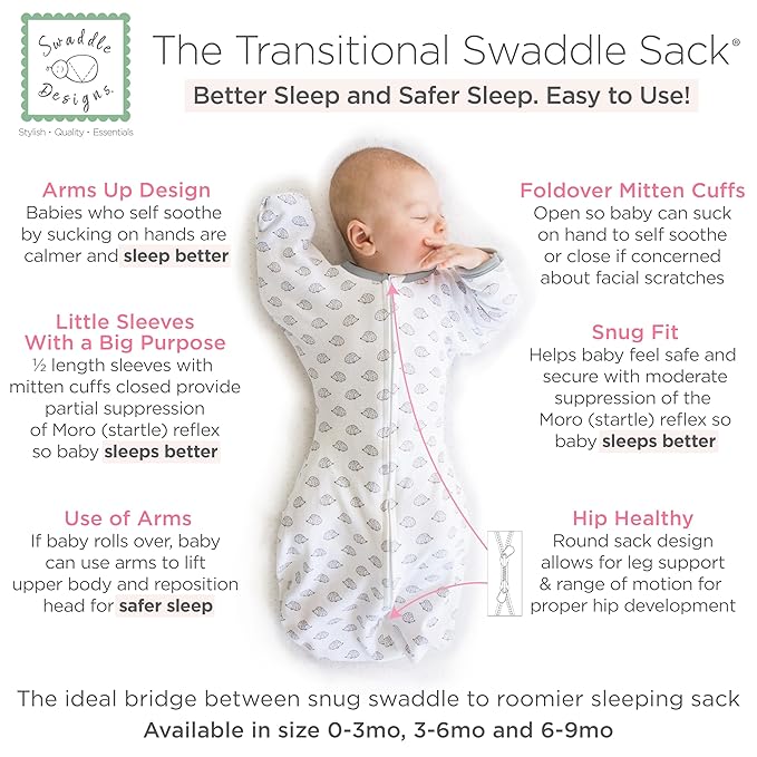 SwaddleDesigns Transitional Swaddle Sack, Arms Up Half-Length Sleeves & Mitten Cuffs, Swaddle for Newborn Transition to Baby Sleep Sack Wearable Blanket, Large, 6-9 Month, 21-24 lb, Tiny Hedgehogs