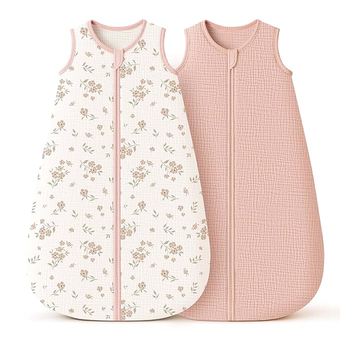 Konssy Muslin Baby Sleep Sack18-24 Months 0.8 TOG, 2 Pack 100% Cotton Wearable Blanket for Babies, 2-Way Zipper Breathable Sleeping Sack Infant Toddler Essentials for Girls and Boys (Blossom, Pink)