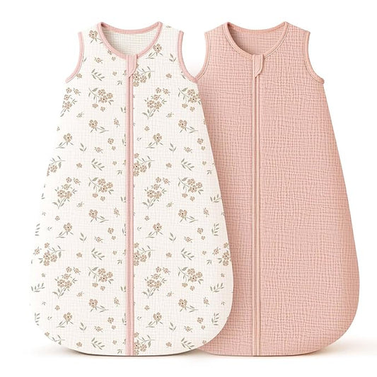 Konssy Muslin Baby Sleep Sack18-24 Months 0.8 TOG, 2 Pack 100% Cotton Wearable Blanket for Babies, 2-Way Zipper Breathable Sleeping Sack Infant Toddler Essentials for Girls and Boys (Blossom, Pink)