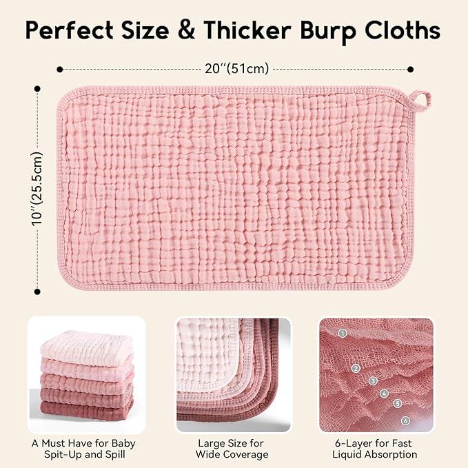 Unnivoll Muslin Burp Cloths for Baby 100% Cotton Burping Cloths for Boys Girls Large 20"X10" Extra Soft and Absorbent 5 Pack - Gradient Pink