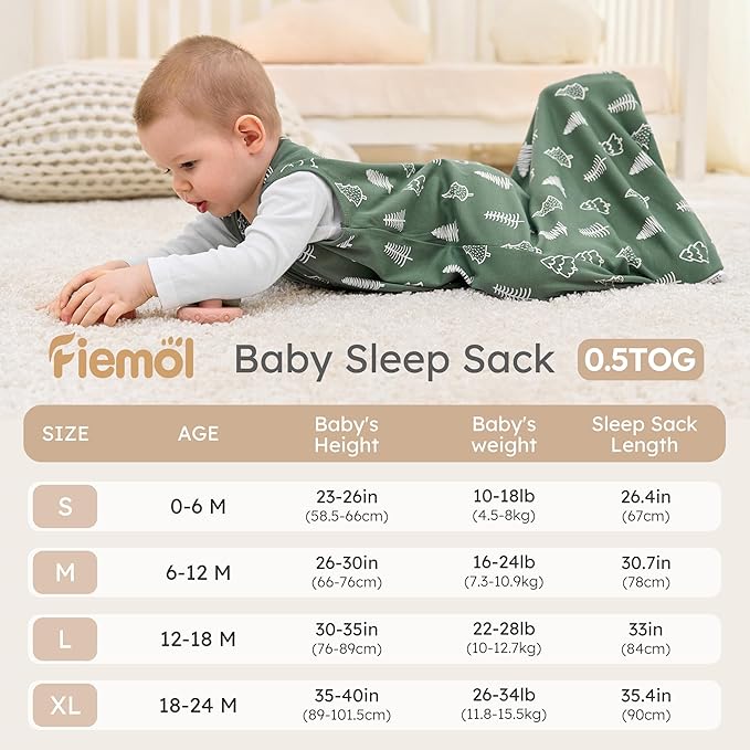 FIEMOL Baby Sleep Sack 6-12 months, 100% Cotton Sleeping Sack for Newborn and Infant, 3 Pack Baby Wearable Blanket, 0.5 Tog Lightweight Double Zipper Sleep Bag Medium Brown Green Lion
