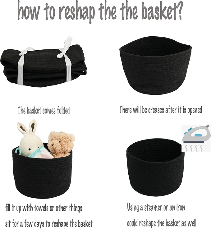 Woven Cotton Storage Baskets - 3-Pack Round Bins (10x10x7'') for Shelves, Closets & Bookcases | Durable Rope Organizers for Nursery, Baby, Toys, Easter & More (black)