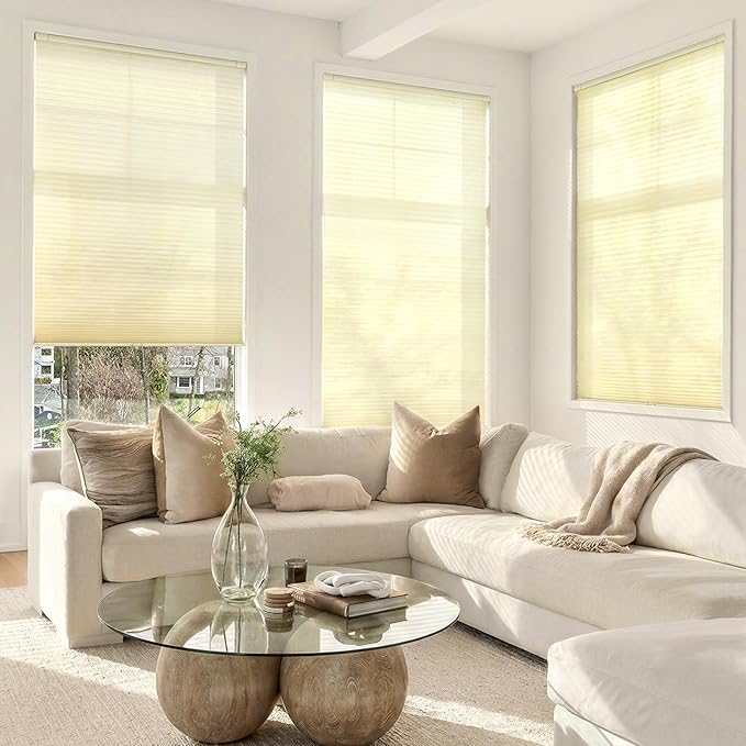 LazBlinds Cordless Cellular Shades, No Tools No Drill Light Filtering Honeycomb Shades Pleated Blinds for Windows, 43'' W x 64'' H, Alabaster