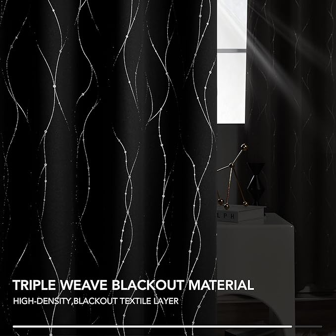 Deconovo Sliding Door Curtains 108 Inch Long, Blak Blackout Window Drapes, Privacy Soundproof Thermal Insulated Curtain with Wave Dots Silver Print, Grommet Top, Set of 2 Panels for Patio Door Bedroom