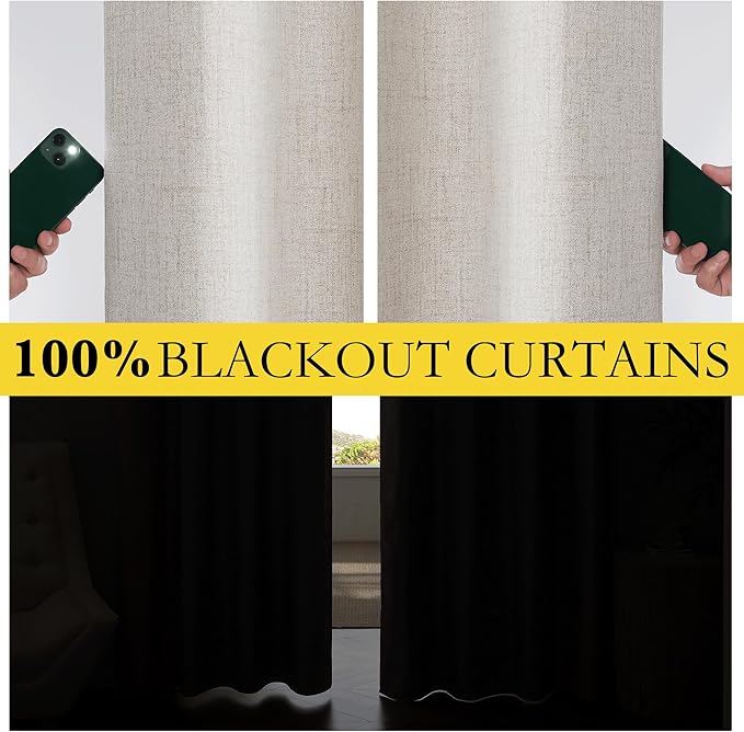 NICETOWN Brich Vintage Open Linen Weave Flax Thermal Curtains, 100% Blackout Curtains 84 inches Long for Dining Room, 52" Wide Per Panel, Set of 2, Soundproof Window Treatment Drapes for Hall Room