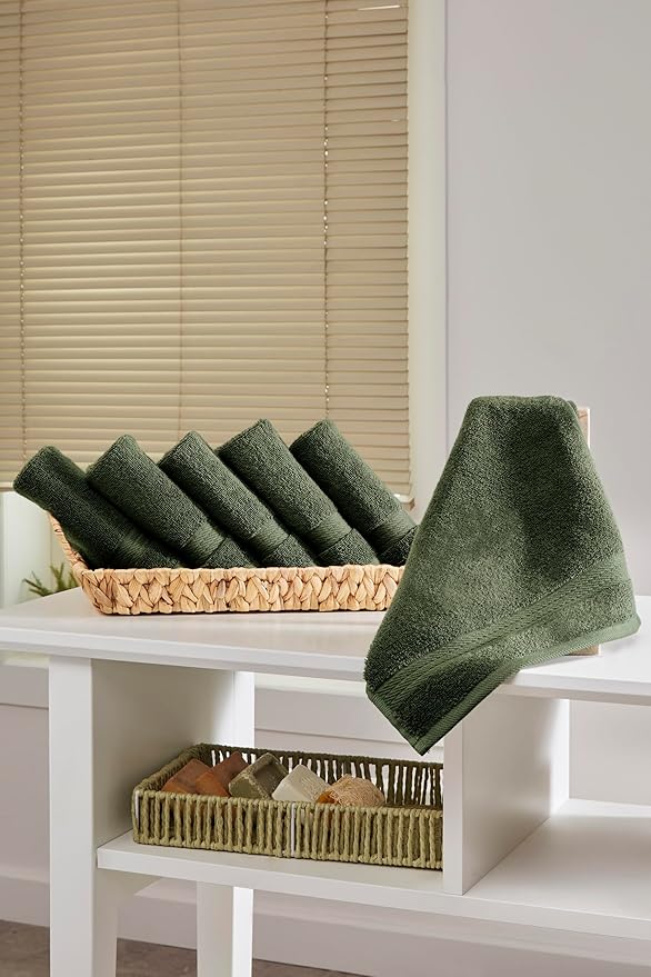 Ozdilek 6-Piece Washcloth Set 13x13 100% Turkish Cotton, 600 GSM, Soft, Gentle on Sensitive Skin, Multi-Purpose Use, Washable, Reusable, Ideal for Baby Care & Spa 6 Towels (Fern Green)