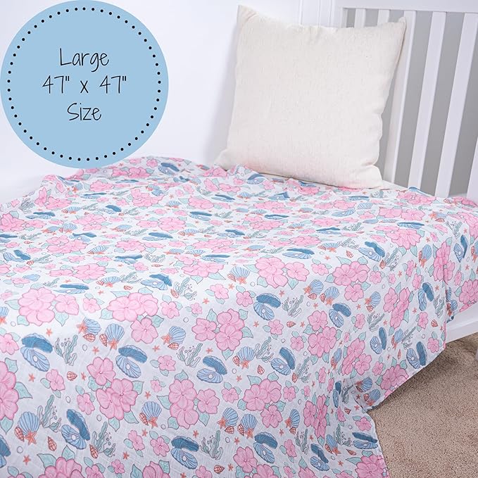 LollyBanks Baby Swaddle Blanket for Girls, 100% Cotton Soft and Breathable Muslin Swaddle Blanket 47 x 47 Inches, Lightweight Newborn Blankets, Baby Essentials Must Haves (Clams Flower Print)