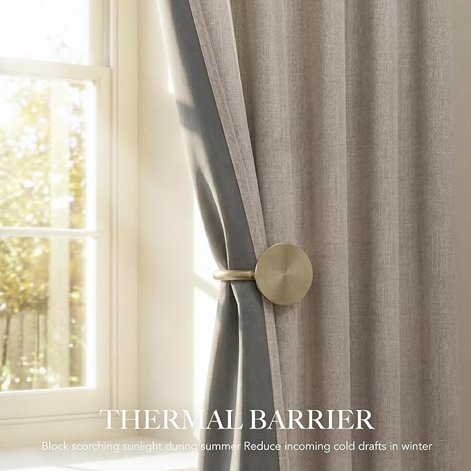 RYB HOME Linen Textured 100% Blackout Curtains for Bedroom, Insulating Energy Saving Window Curtains for Living Room Dining Patio Sliding Glass Door, Wide 52 x Long 90 inch, Beige, 2 Panels