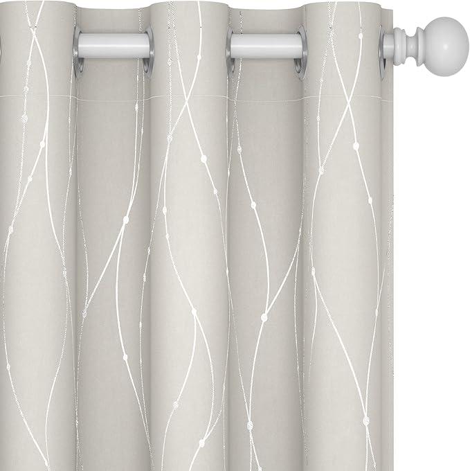 Deconovo Beige Curtains for Living Room, Thermal Insulated Soundproof Drapes with Wave Dots Silver Print, 42 x 84 Inch Long, Grommet Top, Set of 2 Window Panels for Living Room Bedroom Office Nursery
