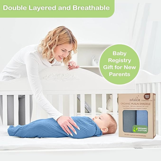 100% Organic Cotton Muslin Baby Blanket - 47 x 47 Inch Breathable Muslin Swaddle Blanket, Hypoallergenic Double-Layer, Soft and Cozy Blankets for Sleeping & Everyday Use (Slate/Aquarius)