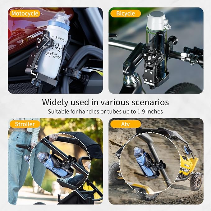 Kewig Anti-Theft Motorcycle Cup Holder, Extra Large Adjustable Size Bike Water Bottle Holder for 1.95 – 3.6" Diameter Bottles, Motorcycle Drink Holder for Stroller, Moto, Bicycle, Scooter, Wheelchair
