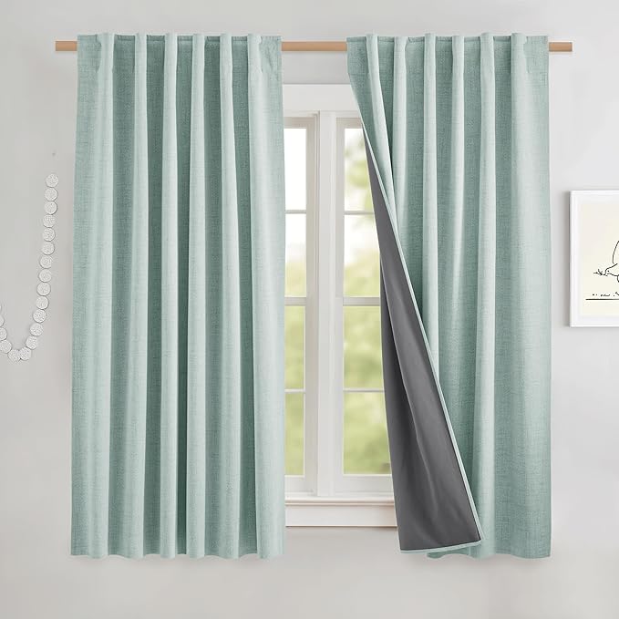 NICETOWN Seafoam Green 100% Blackout Short Curtains W52 x L48 in, Thermal Insulated & Noise Reducing Small Window Treatments with Grey Liner, Rod Pocket & Back Tab Cafe Curtains for Kids Room, Kitchen