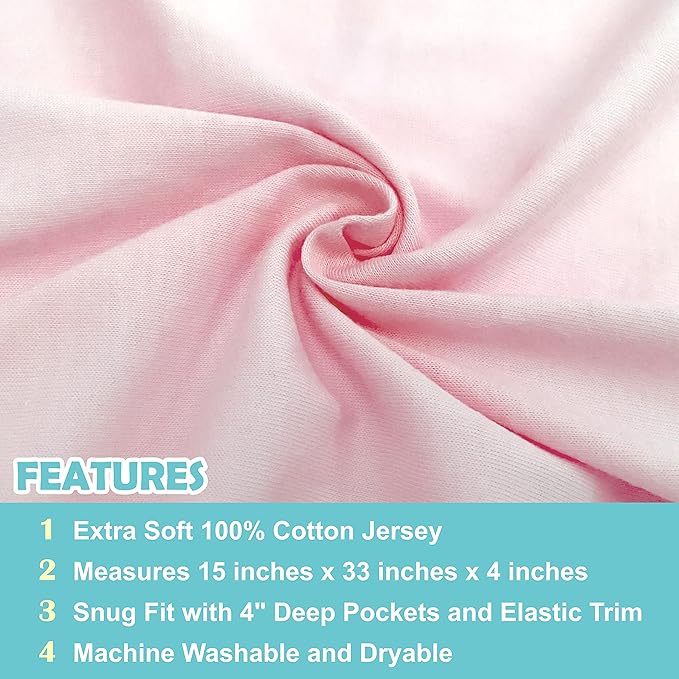 American Baby Company 15" x 33" Fitted Bassinet Sheet, 100% Natural Cotton Jersey Knit, Pink, Soft Breathable, for Girls, Pack of 2
