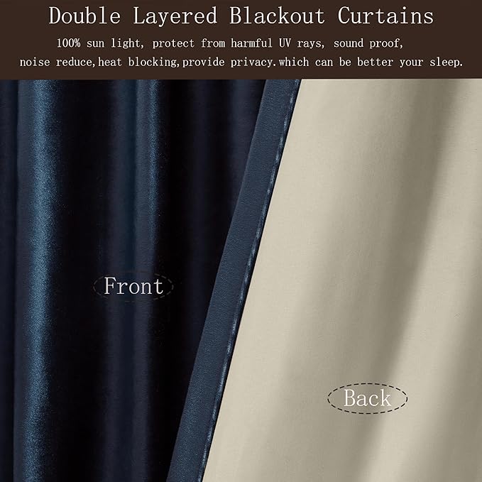 PRIMROSE 100% Full Blackout Navy Blue Velvet Curtains 96 inch Long for Living Room,Set of 2 Panels Liner Rod Pocket Back Tab Thermal Window Curtains Room Darkening Heavy Decorative Drapes for Bedroom