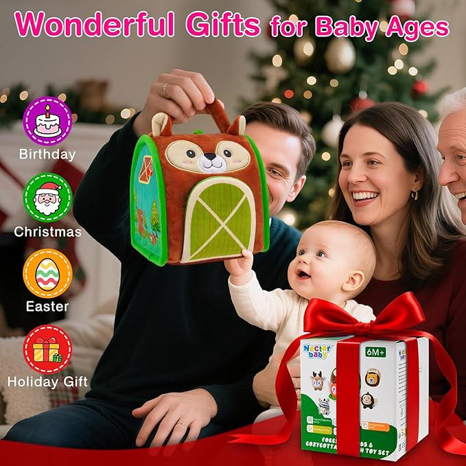 Montessori Sensory Toys for Babies 6-12 Months & Toddlers 1-3 Year Old - Educational Stuffed Animal Set with Rattle, Crinkle & Safe Mirror for Baby Kids & Boy Girl Birthday Gifts