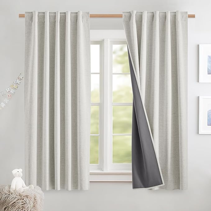 NICETOWN 100% Blackout Linen Curtains 63 inches Long 2 Panels, Thermal Insulated Curtains with Liners for Bedroom, Farmhouse Style Privacy Window Draperies for Living Room, Snowbound, W42 per Panel
