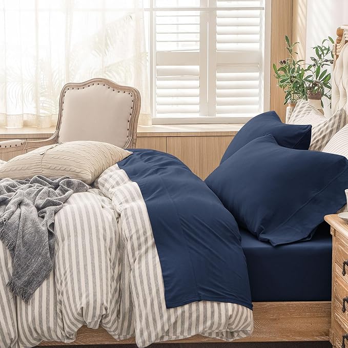 PURE ERA Jersey Knit 4pc Bed Sheet Set 100% T-Shirt Cotton Super Soft Comfy Breathable Fits Mattress Up to 20" Extra Deep Pocket (Solid Navy Blue, Queen)