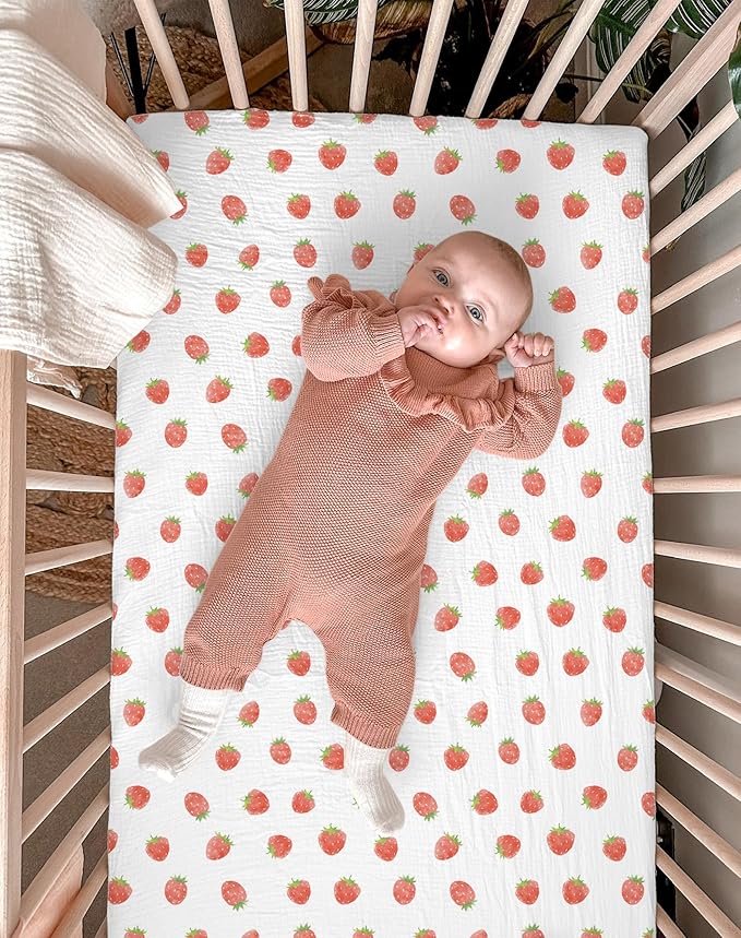 Pack and Play Sheets for Baby Boy and Girl 2 Pack, Neutral Muslin Cotton Pack N Play Mattresses Sheet 27"x39", Muslin Nursery Bedding Soft and Breathable Comfort (Strawberry & Pale Pink)