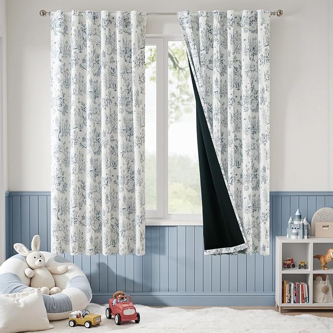 jinchan Blackout Nursery Curtains 72 Inches Long, Bunny Woodland Toile Curtains Blue on Beige Animal Printed Drapes for Bedroom Rod Pocket Thermal Insulated Farmhouse Window Treatment 2 Panels