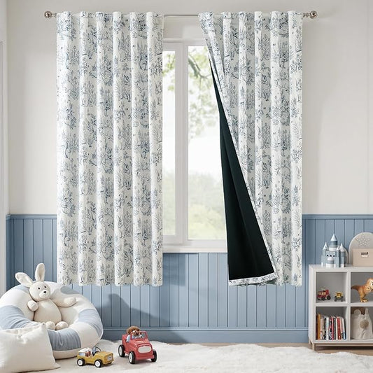 jinchan Blackout Nursery Curtains 72 Inches Long, Bunny Woodland Toile Curtains Blue on Beige Animal Printed Drapes for Bedroom Rod Pocket Thermal Insulated Farmhouse Window Treatment 2 Panels