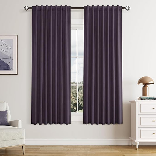 Guken 100% Blackout Curtains 63 Inch Length 2 Panels Set for Living Room Bedroom Back Tab Thermal Insulated Black Out Linen Drapes Room Darkening Window Curtains 63 Inches Long,Plum